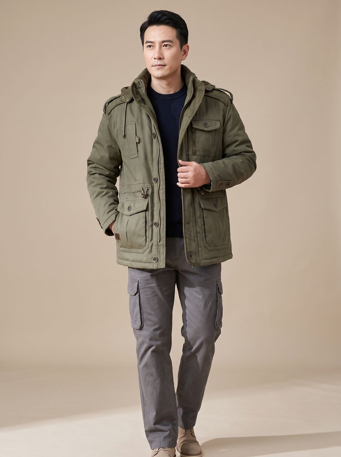 Simone | Parka Uomo Invernale con Cappuccio Rimovibile Imbottita Tasche Cargo