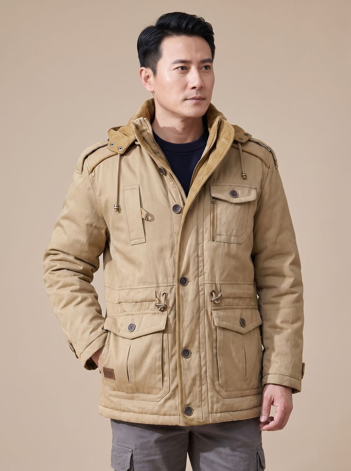 Simone | Parka Uomo Invernale con Cappuccio Rimovibile Imbottita Tasche Cargo