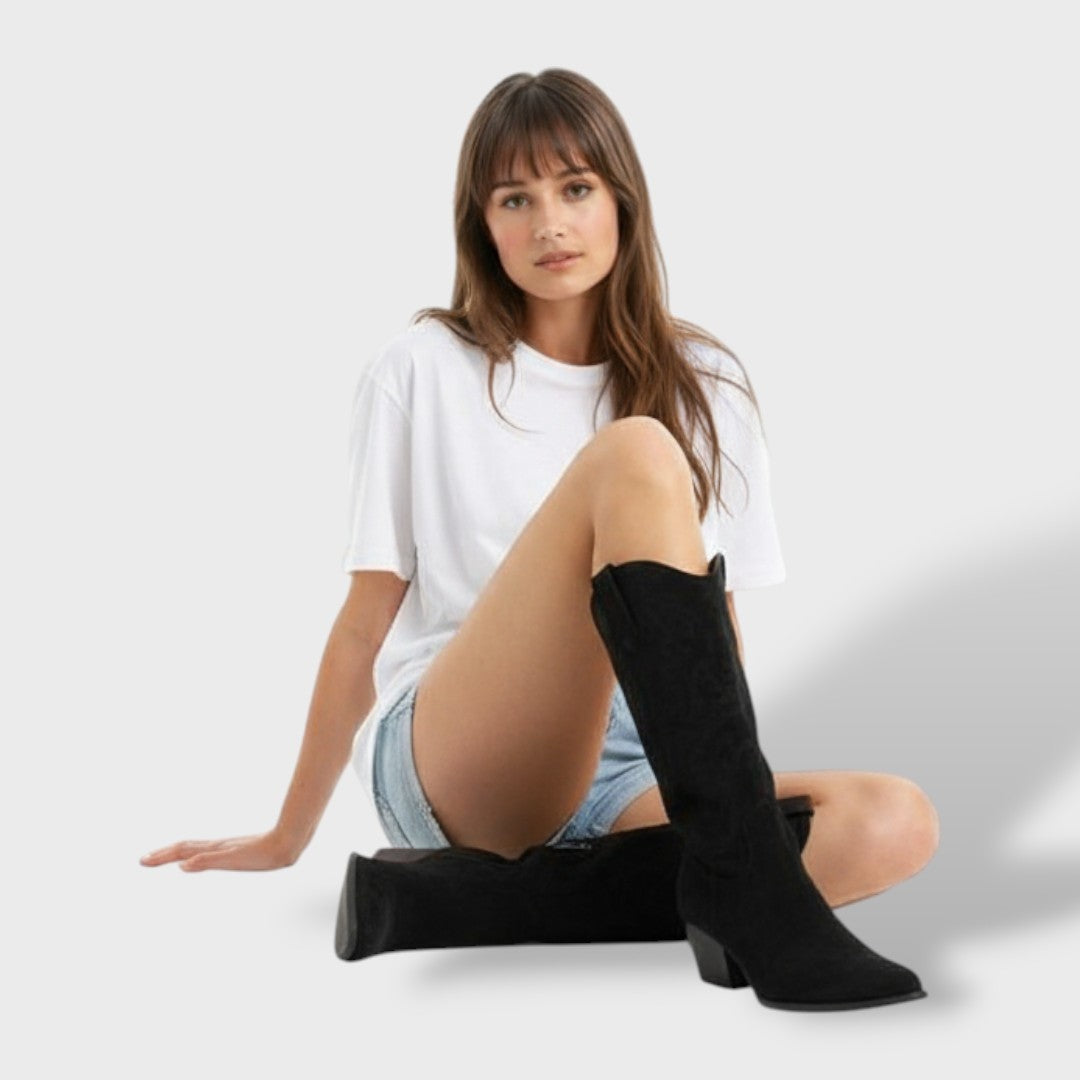 Sophia | Stivali Texani Donna Camoscio Tacco Largo Cana Alta