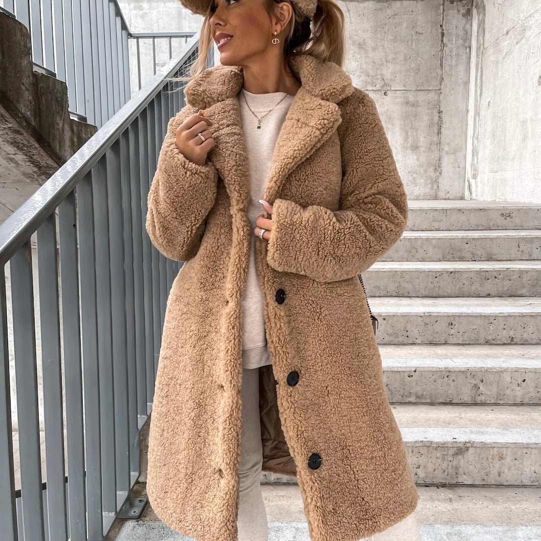 Stefania | Cappotto Lungo Teddy Oversize Donna Revers Bottoni