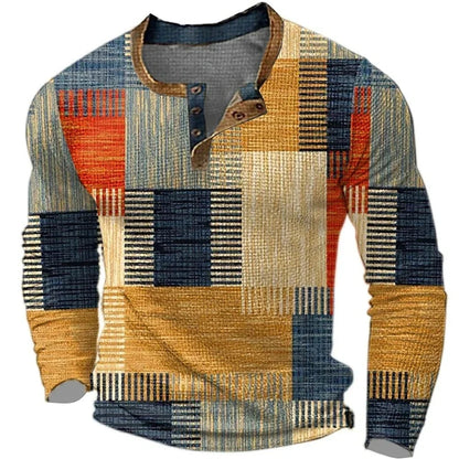 Stefano | Camicia a Quadri Uomo Maniche Lunghe Henley Stampa Geometrica