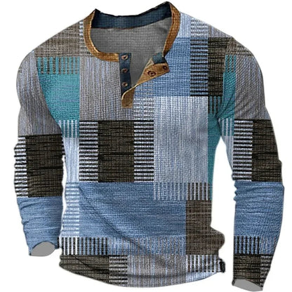 Stefano | Camicia a Quadri Uomo Maniche Lunghe Henley Stampa Geometrica