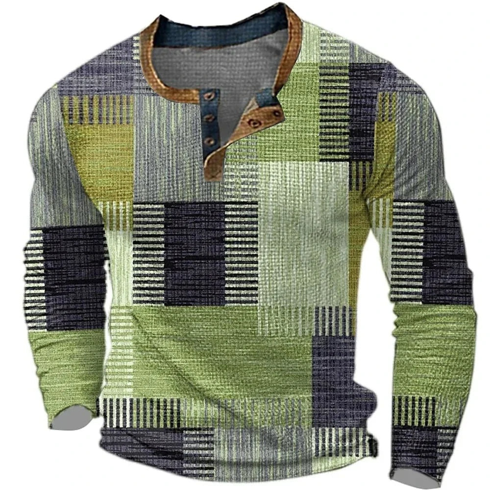 Stefano | Camicia a Quadri Uomo Maniche Lunghe Henley Stampa Geometrica