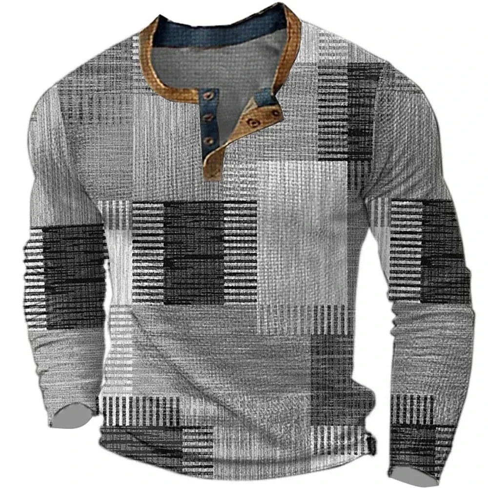 Stefano | Camicia a Quadri Uomo Maniche Lunghe Henley Stampa Geometrica