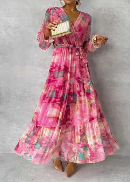 Vestito Lungo Maniche Lunghe Donna Fantasia Scollo V