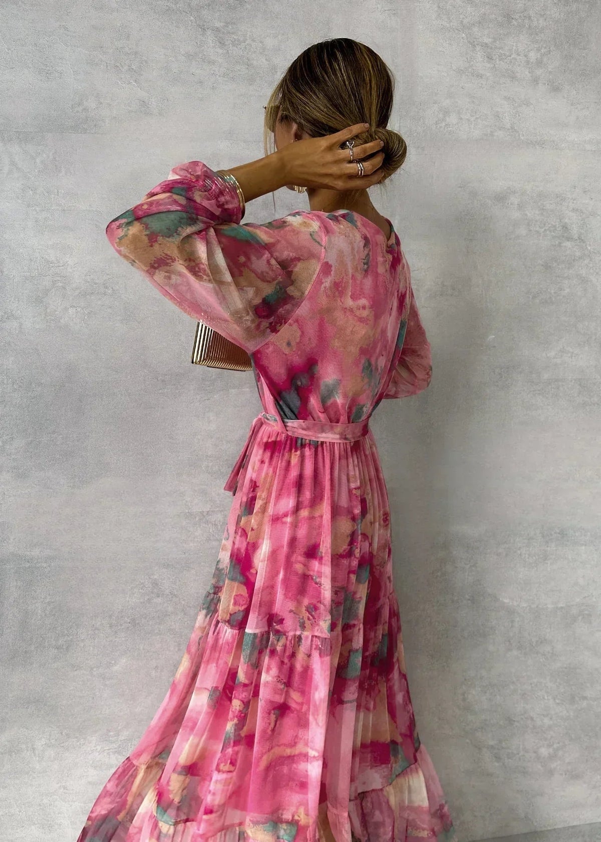 Vestito Lungo Maniche Lunghe Donna Fantasia Scollo V