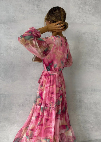 Vestito Lungo Maniche Lunghe Donna Fantasia Scollo V