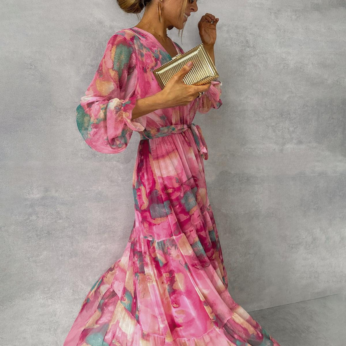 Vestito Lungo Maniche Lunghe Donna Fantasia Scollo V